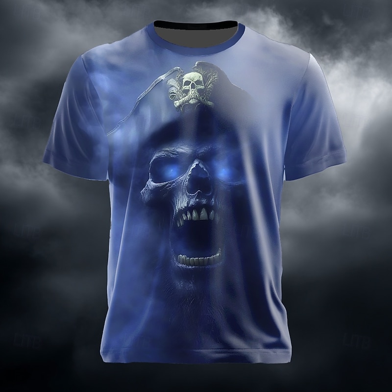 Halloween Men's Optical Illusion Grim Reaper 3D Pirate T Shirt Short Sleeve T shirt 3D Print Crew Neck Shirt Exaggerated Designer Horror Party Street Holiday Lake Blue Blue Green Summer Spring All3