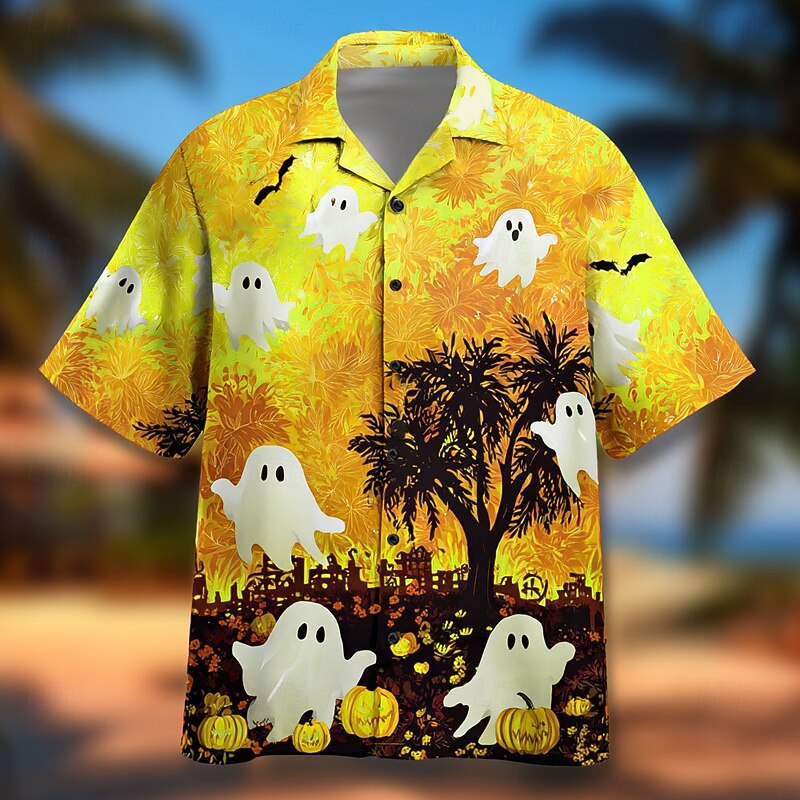 Halloween Men's Pumpkin Ghost Shirt Cuban Collar Shirt Button Up Shirt Short Sleeve Dark Punk Gothic Style Holiday Streetwear Summer Spring Camp Collar Shirt 3D Print Yellow Blue Orange Green4
