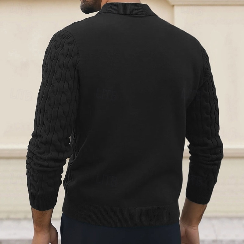 Men's Sweater Pullover Sweater Jumper Cable Knit Regular Tops Knitted Slim Fit Plain Turndown Knitwear Contemporary Casual Daily Wear Clothing Apparel Fall Winter Black Khaki M L XL4