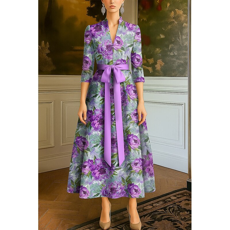 Purple Floral A-Line Evening Gown Elegant Dress Formal Wedding Floor Length Half Sleeve V Neck Pocket Nylon with Floral Print 2025