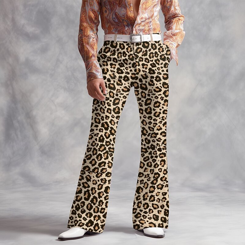 Men's Leopard Print Disco Pants 60s 70s Bell Bottoms Mid Waist Vintage Retro Outdoor Vacation Party Side Pockets Flared Leg Pants Trousers Spring Fall 3D Print Dark Khaki Light Khaki khaki3