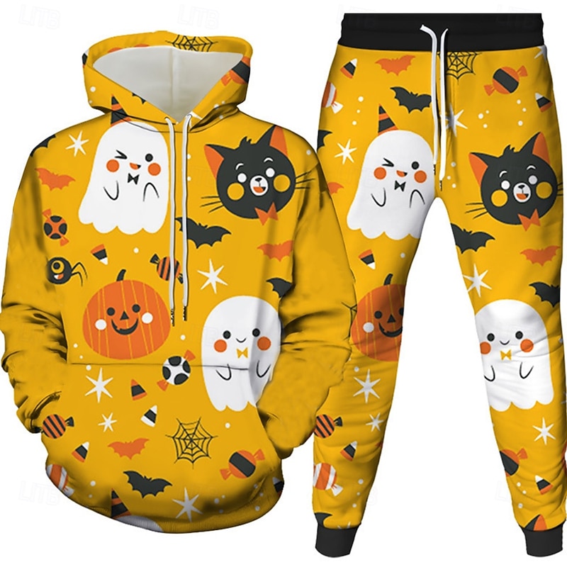 Halloween Men's Cat Ghost Halloween pumpkin 2pcs 3D Sweatshirt Sets Tracksuit Hoodie Sweatshirt Long Sleeve Long pants Hooded Casual Daily Halloween Athleisure Festival Wear 3D Print Spring Fall