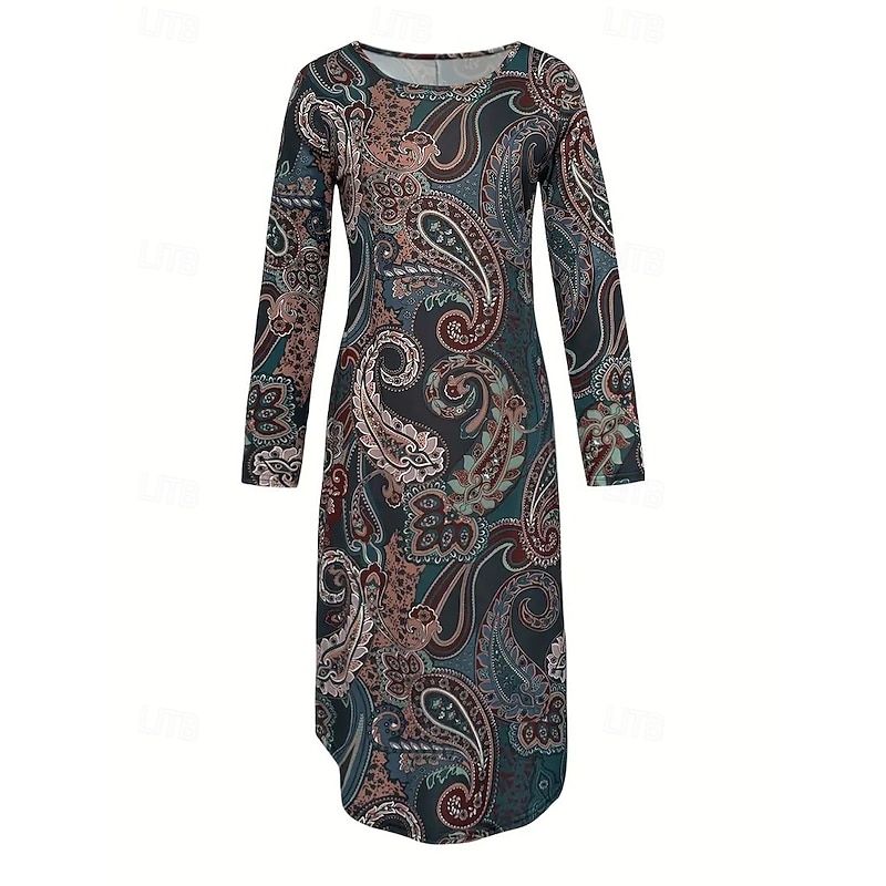 Women's Midi Dress Sheath Dress Shift Dress Party Casual Boho Party Wedding Guest Daily Regular Fit Graphic Paisley Tribal Long Sleeve Crew Neck Dark Grey Spring Fall Winter Autumn2