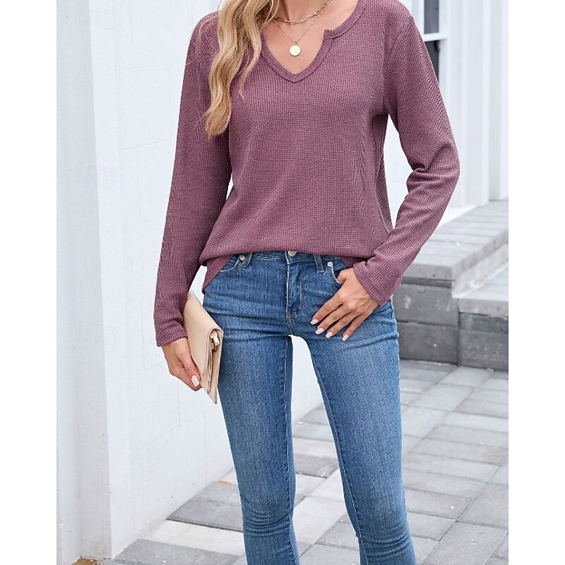 Women's T Shirt Plain Casual Long Sleeve V Neck Regular Tops Daily Going out Maroon Black White Navy Blue Fall2