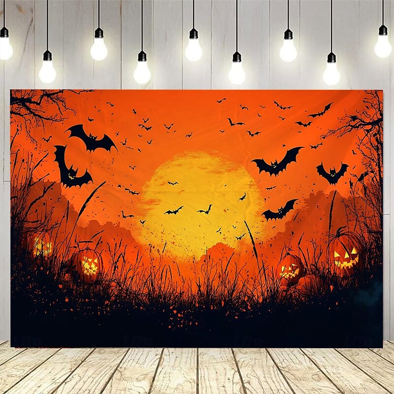 Halloween Photograph Backdrop Tapestry, Pumpkin Lantern and Full Moon Scenery Wall Hanging, Large Decorative Mural for Bedroom, Living Room, Party, and Home Decoration4