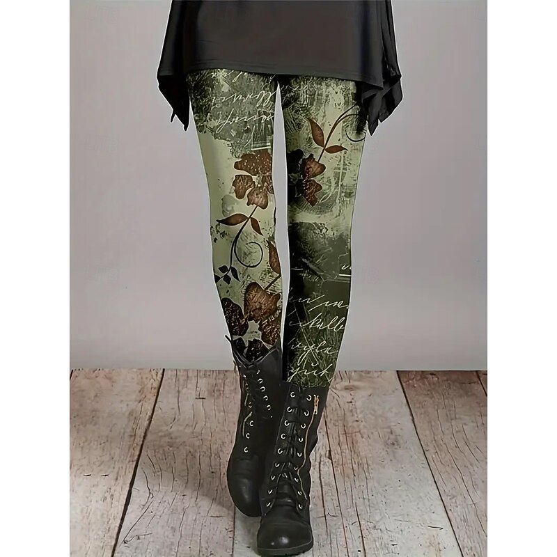 Women's Leggings Vacation Vintage Fashion Full Length High Waist Floral Graphic Printing Thermal Warm Soft Breathable Stretchy Formal Outdoor Vacation Light Brown Red Green Spring Fall Skinny