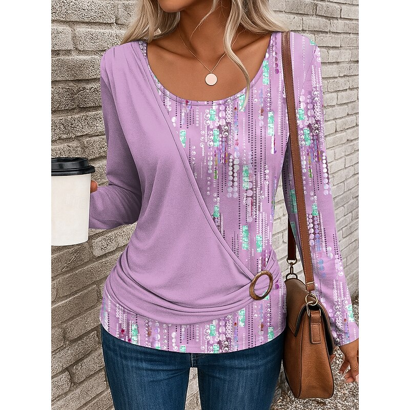 Women's T Shirt Geometric Stylish Casual Long Sleeve Crew Neck Regular Tops Daily Patchwork Print Pink Blue Purple Green Summer Fall Winter4