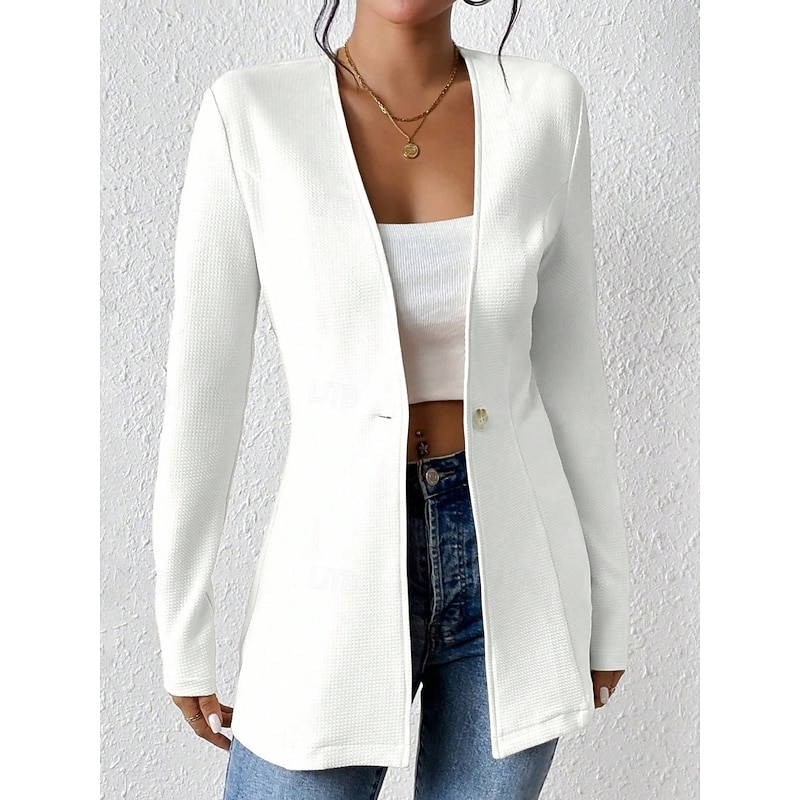 Women's Blazer Comfortable Breathable Buttons OL Style Casual Plain Office Street Casual Daily Wear Single Breasted Regular V Neck Regular Fit Long Sleeve Outerwear Black White Red Spring Fall2