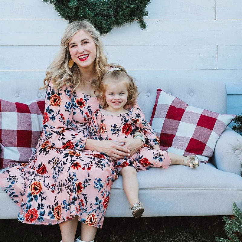 Mommy and Me Dresses Floral Street Print Pink Long Sleeve Midi Sweet Matching Outfits