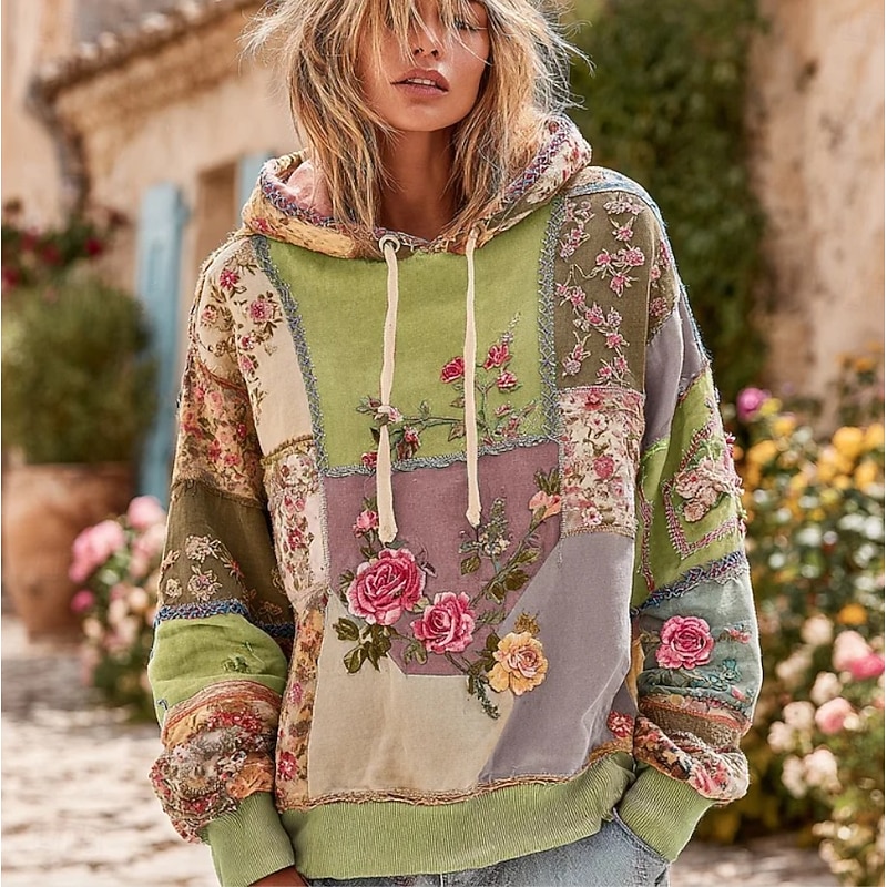 Women's 3D Print Vintage Boho Hoodie Patchwork Hoodie Sweatshirt Floral Pullover Sweatshirt Oversized Long Sleeve Casual Warm Active Hooded Street Dailywear Dark Blue Purple Green Spring Fall Winter3