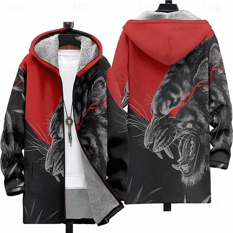 Men's Animal Winter Coat Fleece Jacket Coat Thermal Warm Comfortable Casual Daily Wear Zipper Pocket 3D Print Fall Winter Hooded Long Sleeve Red Blue Brown