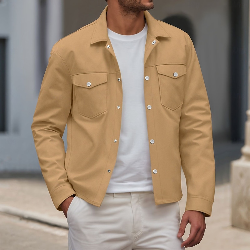 Men's Lightweight Jacket Shirt Jacket Formal Home Portable Pocket Spring Fall Winter Solid Color Active Vintage Shirt Collar Regular Black Light Green Navy Blue Khaki Jacket