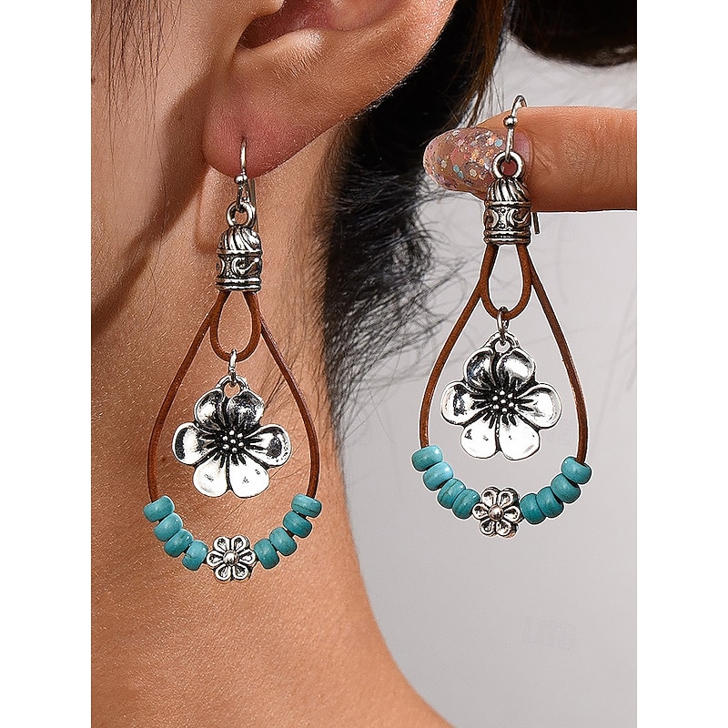 Women's Boho Floral Drop Earrings – Turquoise Beaded Western Style Dangle Earrings for Summer Festivals, Parties and Everyday Outfits3