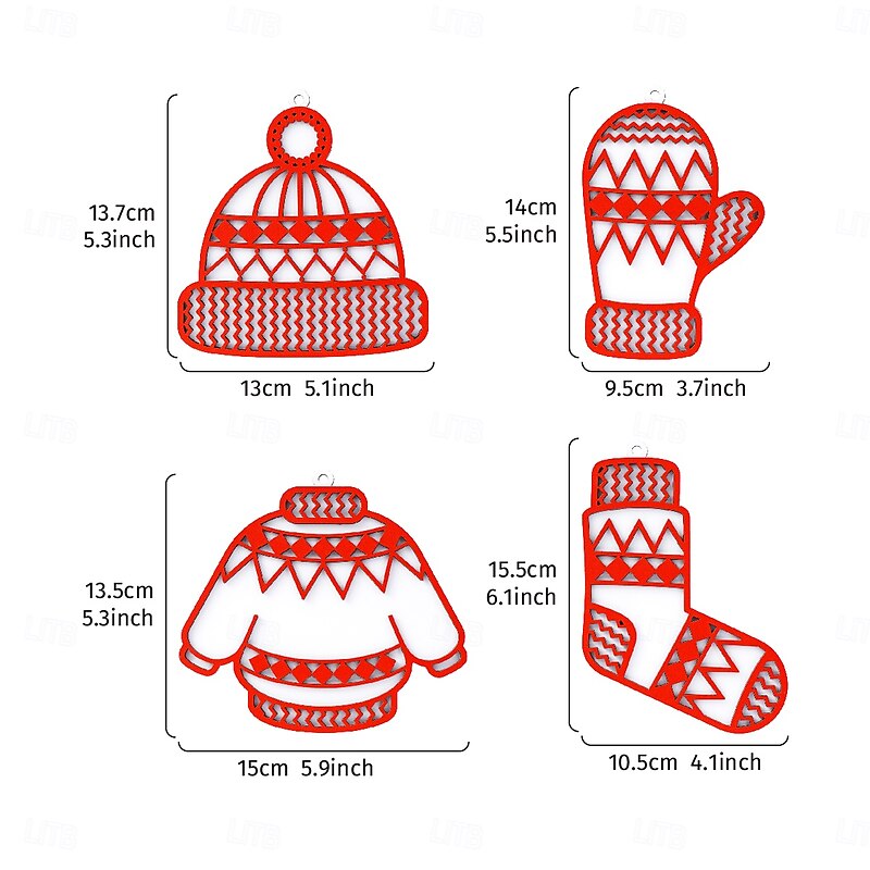 4PCS Christmas Wooden Ornaments Hanging Ornaments Set with Santa Hat, Clothes, Socks and Gloves Designs, Holiday Decor for Christmas Tree, Window Display, Backpacks and Gift Giving2