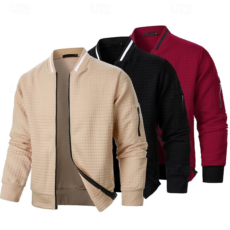 Men's Sweatshirt Waffle Sweatshirt Full Zip Sweatshirt Khaki+Black+Wine Navy Blue+Dark Gray+Army Green Black+Khaki+Navy Blue Standing Collar Plain Textured Sports & Outdoor Casual Daily Streetwear2