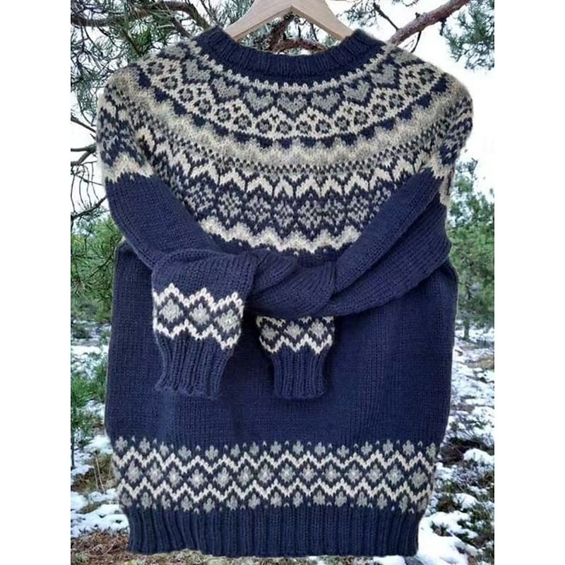 Women's Sweater Casual Soft Geometric Ribbed Crew Neck Knitted Long Sleeve Regular Tops Knit Outdoor Daily Weekend Yellow Navy Blue Fall Winter4