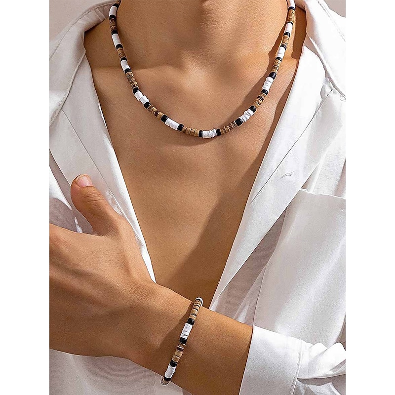 Men's Bohemian Style Beaded Necklace and Bracelet Set - White, Black, Brown Wooden Bead Jewelry for Beach, Casual Wear and Summer Parties