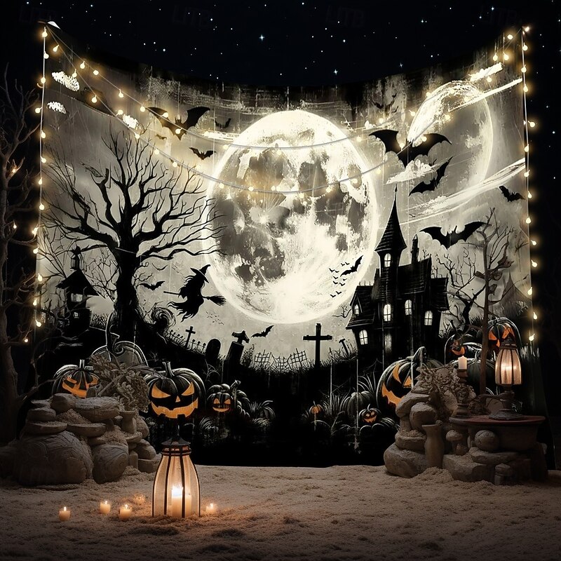 Halloween Wall Tapestry Backdrop – Spooky Haunted House with Full Moon, Flying Witch, Bats, Graveyard and Glowing Jack-o'-Lanterns, Black and White Gothic Wall Hanging for Party and Home Decoration3