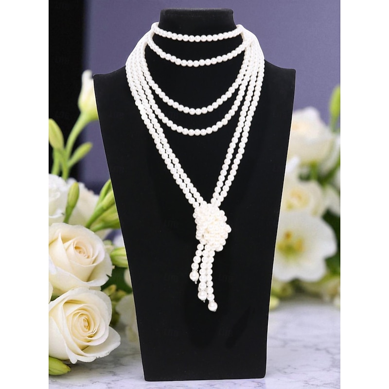 Women's Long Faux Pearl Necklace - 1920s Flapper Style Layered Jewelry for Gatsby Parties and Vintage Themed Events4