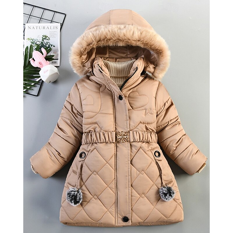 Kids Girls' Down Coat Solid Color Fashion Fur Trim Zipper Pocket School Coat Outerwear 4-12 Years Winter Pink Wine Navy Blue2