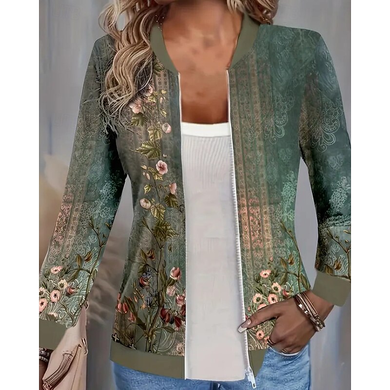 Women's Casual Jacket Comfortable Zipper Print Casual Flower Outdoor Street Holiday Daily Wear Zipper Regular Crewneck Regular Fit Long Sleeve Outerwear Green Fall