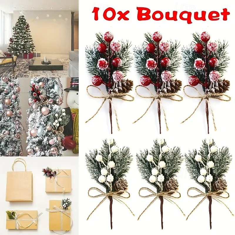 10pcs Artificial Christmas Tree Picks with Pinecones and Red Berries – Plastic Winter Table Decorations with Snow-Frosted Pine Needles and Rustic Jute Twine – Festive Holiday Party Decor