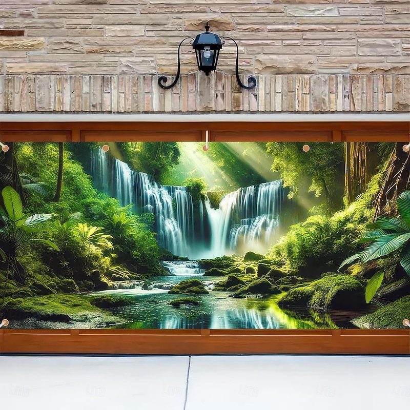 Garage Door Cover Large Hanging Backdrop Waterfall Jungle Forest Rustic Cottagecore 3D Party Outdoor Shooting Backgrounds Front Door Home Decor3