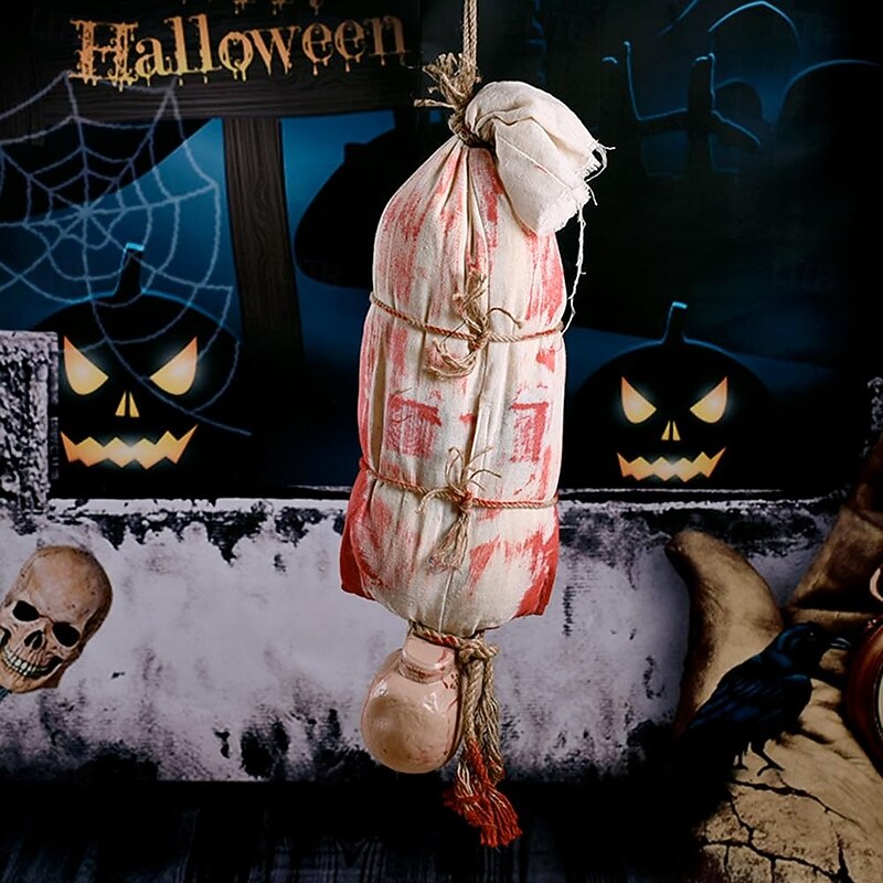Scary Halloween Decorations Hanging Cocoon Corpse Animated Bloody Skull Corpse with Glowing Eyes & Spooky Sound for Haunted House Party Props Halloween Indoor Outdoor Decor3