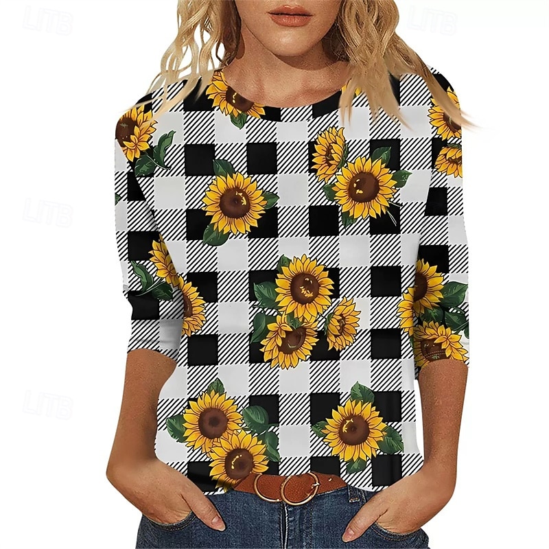Women's T Shirt Graphic Sunflower Casual Short Sleeve Crew Neck Regular Tops Daily Going out Weekend Print Black White Yellow Orange Fall