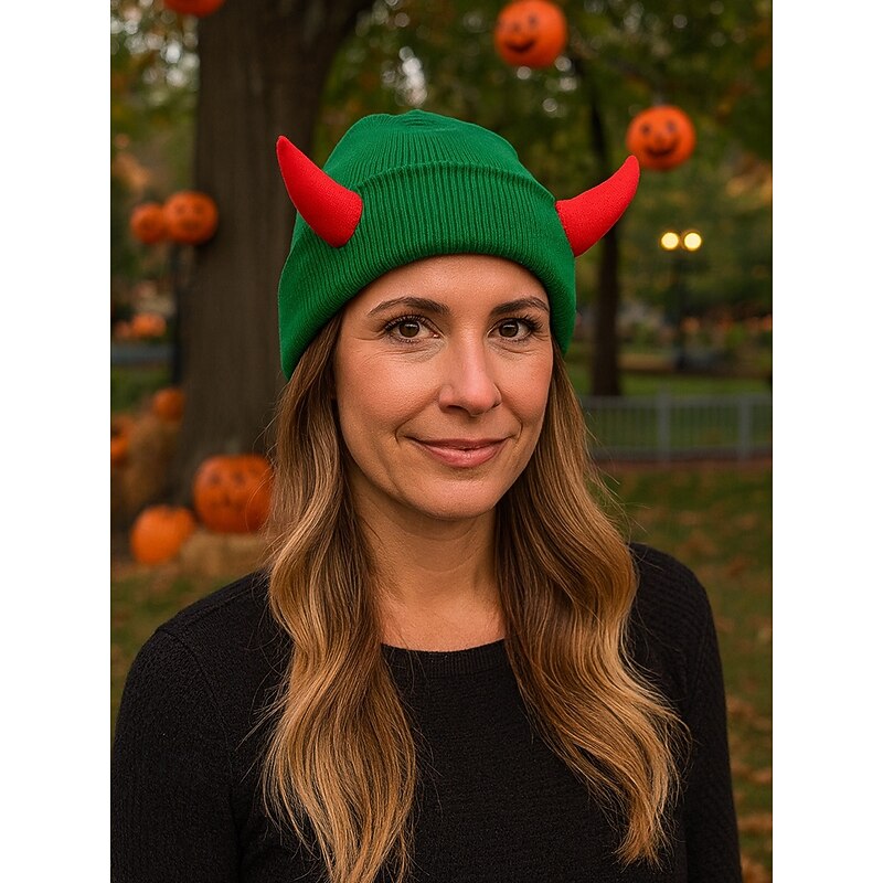 Unisex Halloween Devil Horn Beanie Hat – Knitted Warm Skull Cap with 3D Horns for Men and Women, Cosplay Party Costume and Outdoor Wear3