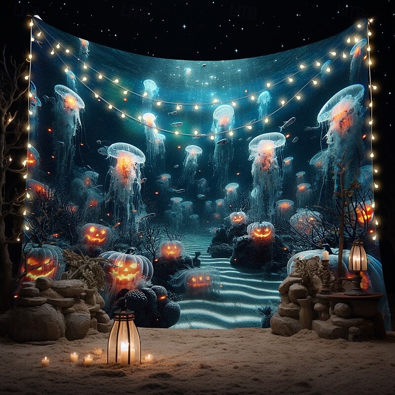 Halloween Tapestry Banners Wall Hangings Pumpkin Jellyfish Modern Dark Punk Gothic Style Party Dorm Shooting Backgrounds Home Decor4