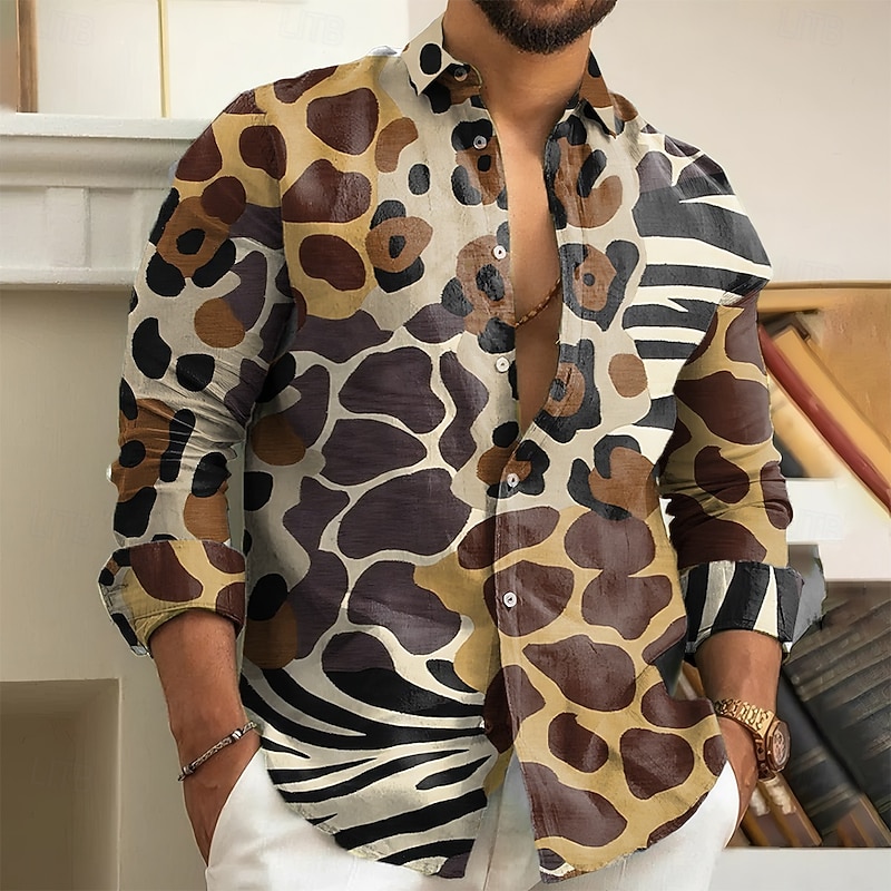 Men's Leopard Zebra Print Shirt Button Up Shirt Long Sleeve Vintage Retro Outdoor Casual Holiday Spring Fall Turndown 3D Print Collared Shirts Blue Purple Brown