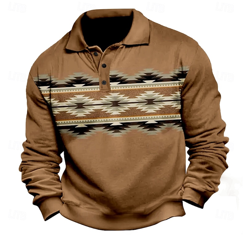 Men's Graphic Aztec Polo Long Sleeve Polo Shirts Collared Shirts Vintage Casual National Style Athleisure Daily Wear 3D Print Spring Fall Winter Dark Brown