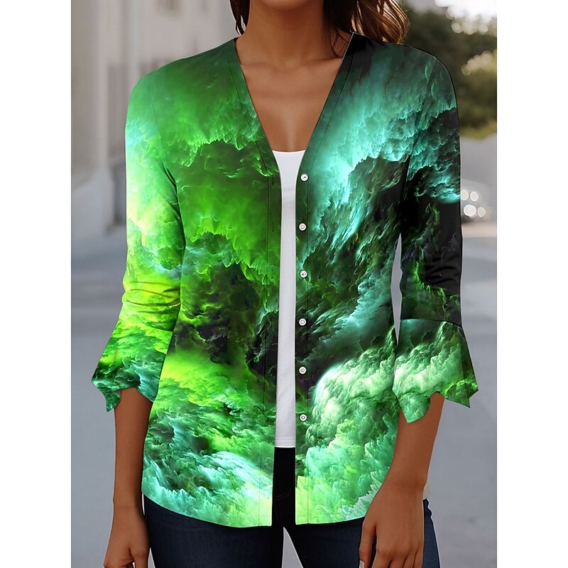 Women's T Shirt Ombre Graphic Elegant Vintage Stylish 3/4 Length Sleeve V Neck Regular Tops Daily Going out Ruffle Buttons Blue Purple Green Summer Spring Fall3