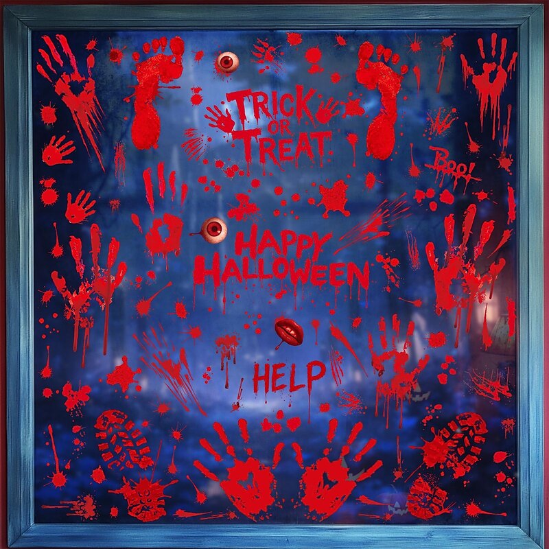 8 Sheets Halloween Window Cling Wall Sticker Decals Decorations, Bloody Footprints & Hands, Creepy Horror Glass Stickers, Double-Sided, Halloween Party Home Decor