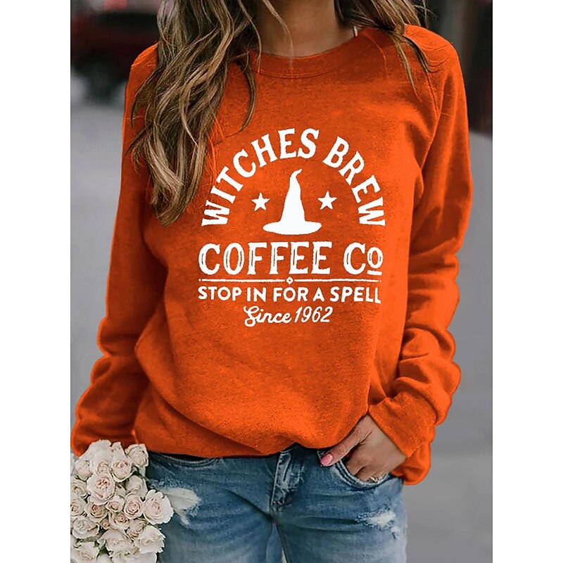 Halloween Women's Sweatshirts Witch Graphic Letter Fashion Casual Long Sleeve Crew Neck Round Neck Regular Tops Street Dailywear Casual Print Blue Orange Green Fall Winter