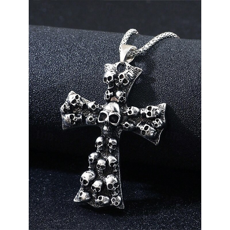 Men's Halloween Skull - Embedded Cross Pendant Necklace, Gothic Style, Ideal for Festive Parties & Daily Edgy Looks3