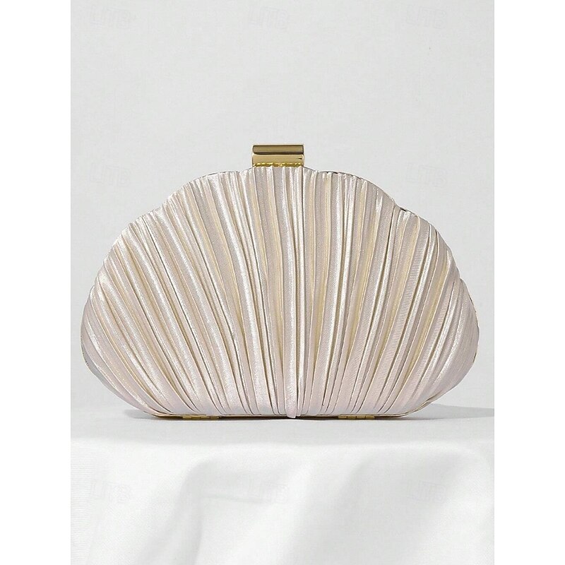 Women's Shell Pleated Satin Evening Clutch Purse, Metallic Champagne with Gold Frame & Chain — Vintage Glam for Weddings, Cocktail Parties, Prom & Night Out