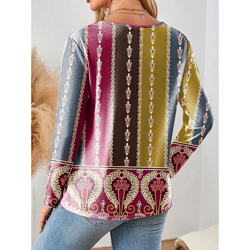 Women's T Shirt Graphic Paisley Striped Vintage Stylish Casual Long Sleeve Crew Neck Regular Tops Daily Print Pink Purple Orange Green Spring Fall Winter2