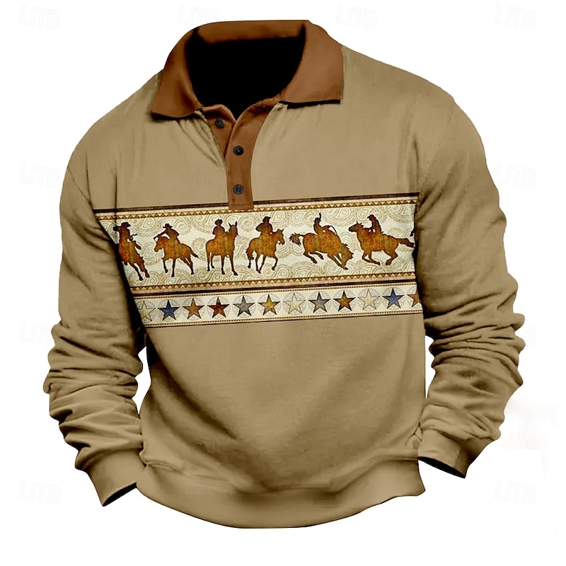 Men's Graphic Polo Long Sleeve Polo Shirts Collared Shirts Casual National Style Athleisure Daily Wear 3D Print Spring Fall Winter Dark Brown