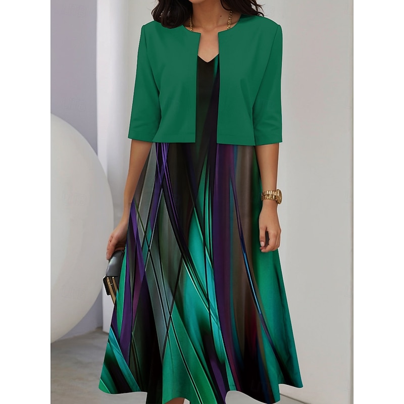 Women's Two Piece Dress Sets Midi Dress with Jacket Elegant A Line Dress Half Sleeve Casual Semi Formal Ombre Graphic Print V Neck Date Light Yellow Sky Blue Purple Regular Fit2