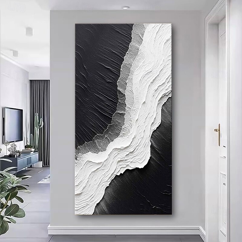 Handmade Oil Painting Canvas Wall Art Decoration Modern Abstract Landscape Black and White Wave Texture for Home Decor Rolled Frameless Unstretched Painting2