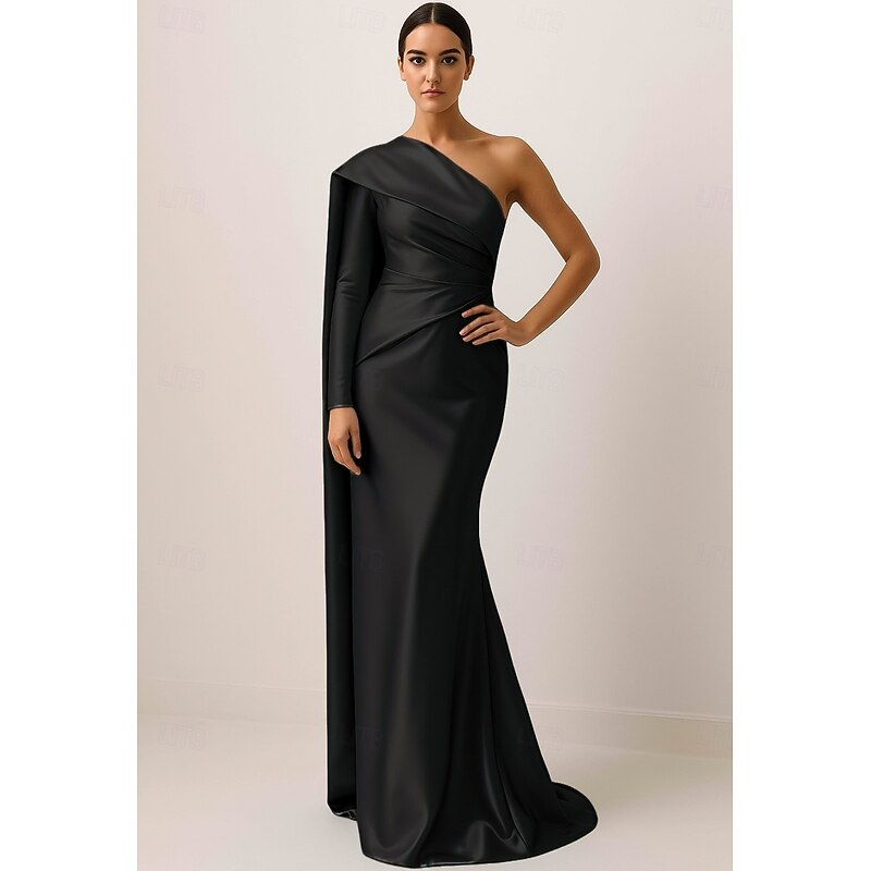 Blue Red Black Column Evening Gown Elegant Dress Formal Wedding Floor Length Long Sleeve One Shoulder Capes Satin with Pleats 20254