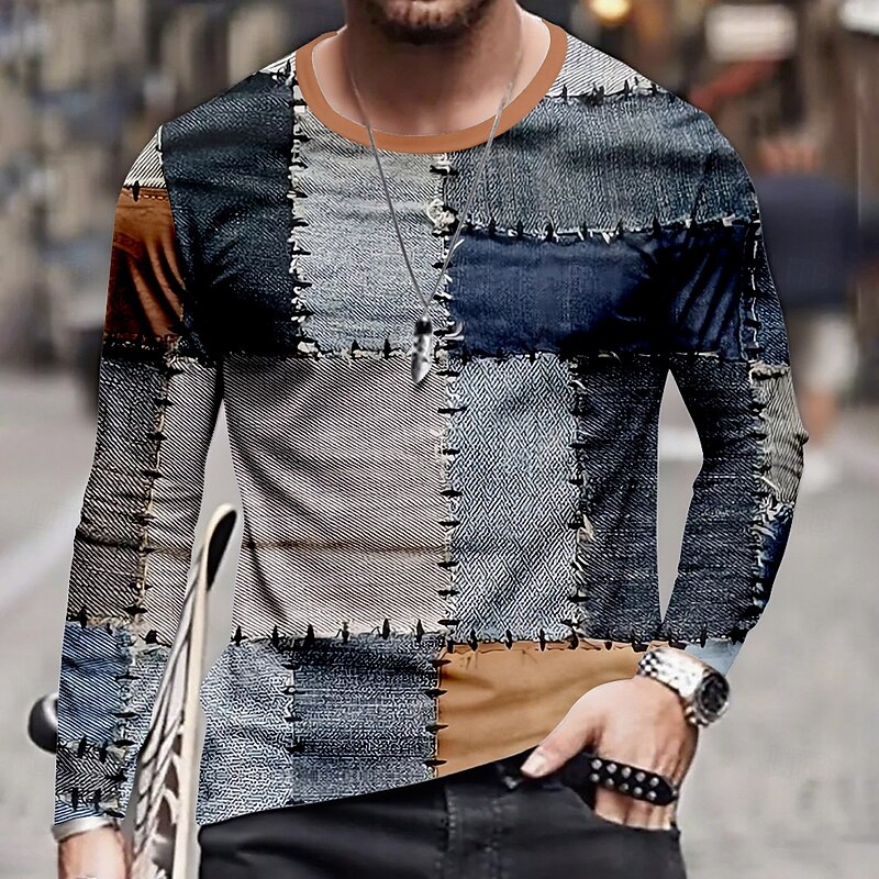 Men's Geometric T Shirt Long Sleeve T shirt 3D Print Crew Neck Shirt Daily Designer Street Casual Yellow Blue Purple Summer Spring Fall Clothing Apparel S M L XL XXL XXXL