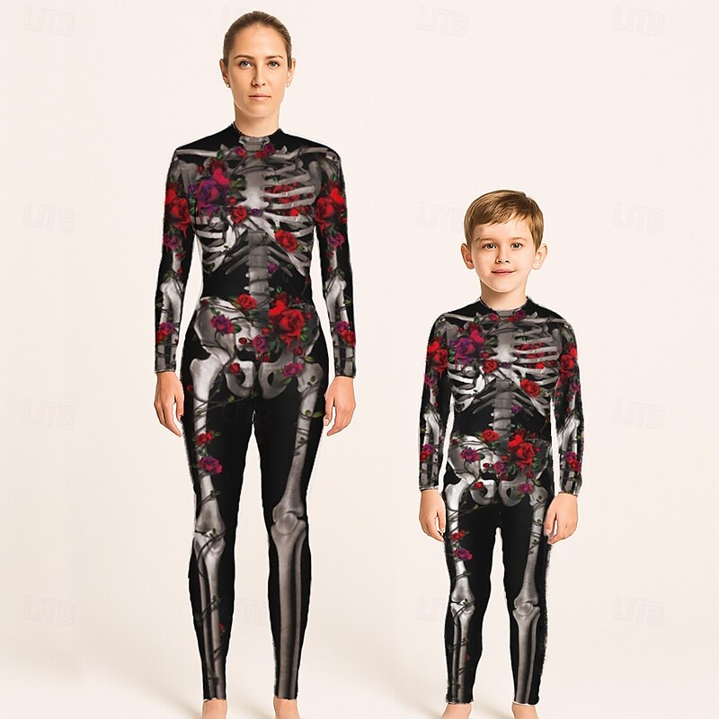 Family Jumpsuit Skull Halloween pattern Street Print Black Light Green Red Long Sleeve Matching Outfits