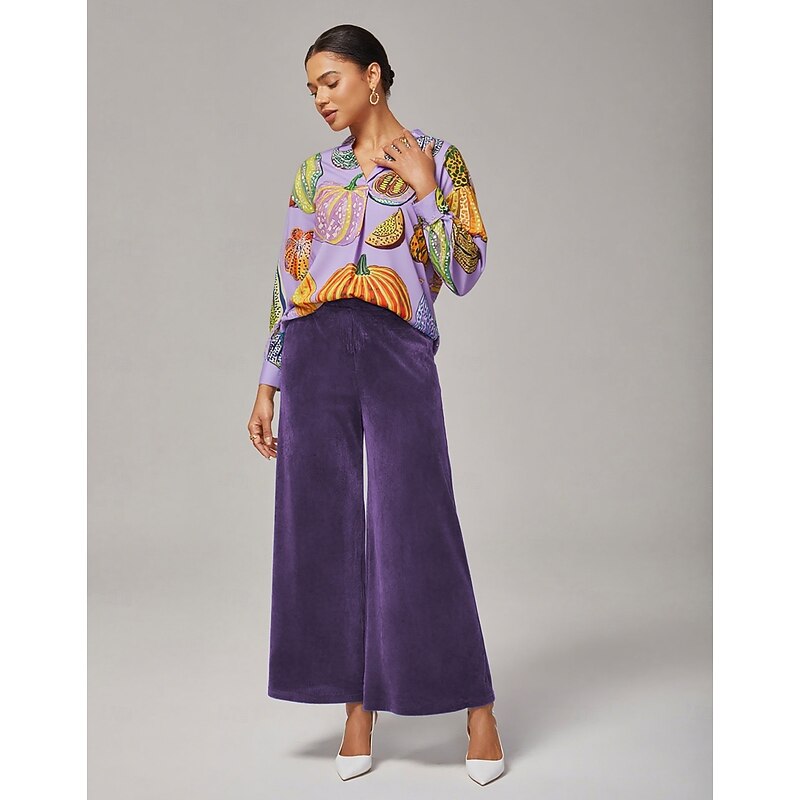 Women's Purple Pumpkin Print Pullover Shirt Loose Fit Drop Shoulder Stand Collar Inverted Pleat Stylish Elegant Daily Work Casual Fall2