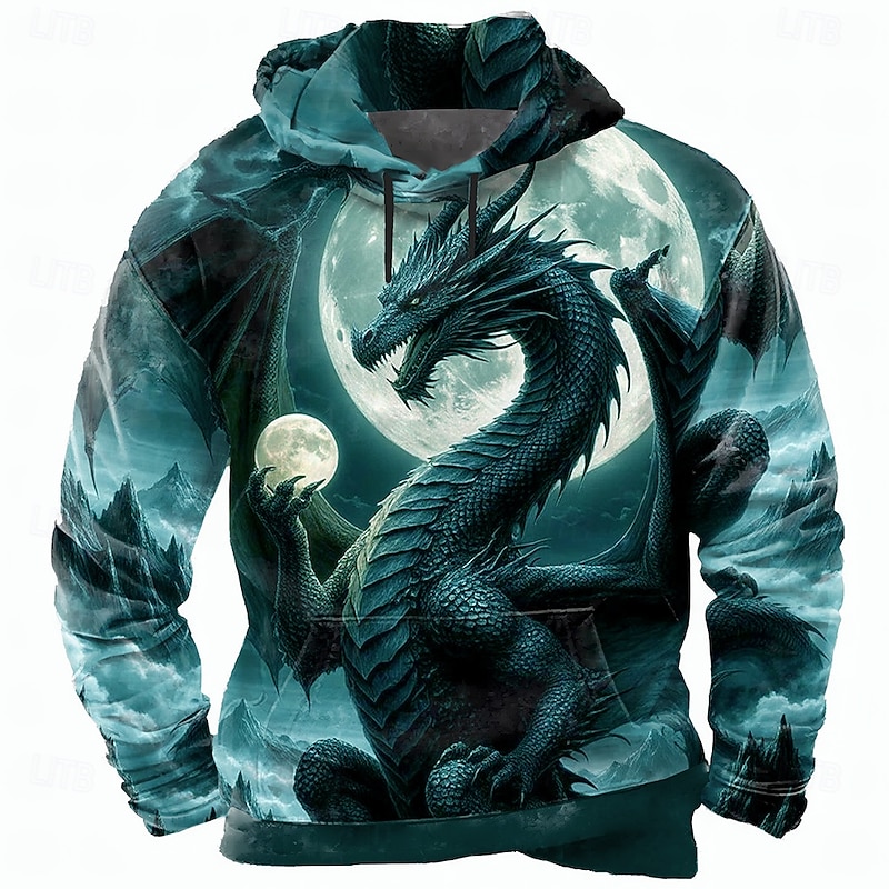 Men's Dragon 3D Hoodie Sweatshirt Cool Party Crew Neck Club Streetwear Purple Green Drawstring Fall Winter Designer2
