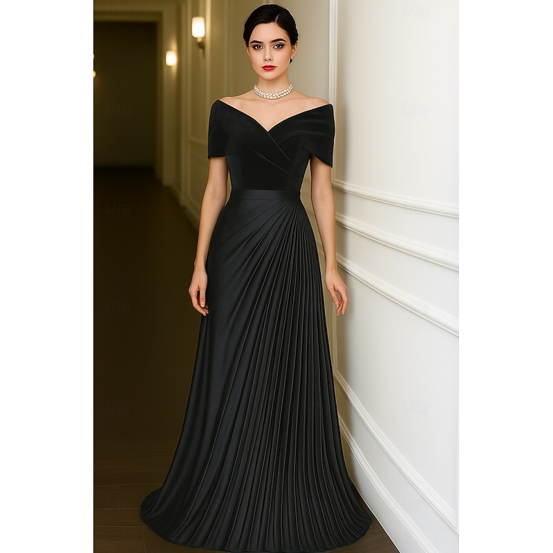 Green Black Velvet A-Line Evening Gown Elegant Dress Formal Wedding Floor Length Short Sleeve Off Shoulder Satin with Pleats 20252