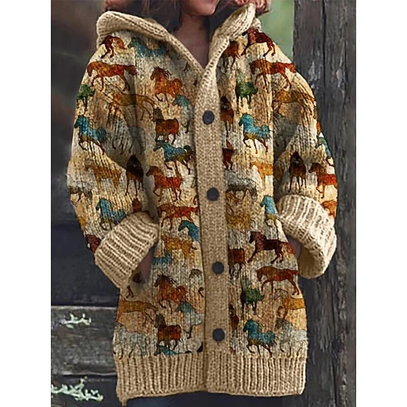 Women's Cardigan Vacation Daily Animal Ribbed Hooded Knitted Print Front Pocket Long Sleeve Regular Tops Knit Outdoor Daily Holiday Yellow Red Fall Winter