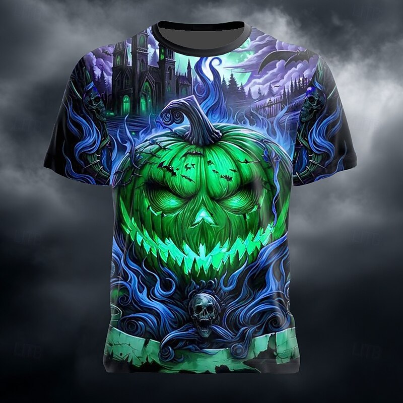 Halloween Men's Optical Illusion Pumpkin 3D T Shirt Short Sleeve T shirt 3D Print Crew Neck Shirt Exaggerated Designer Horror Party Street Holiday Purple Green Summer Spring Clothing Apparel S M L XL2
